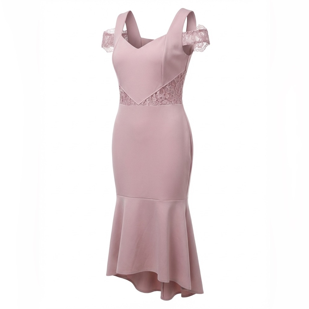 Pale Pink Lace Semi Formal Mermaid Full Length Dress Size 14 Petite - Picture 2 of 8
